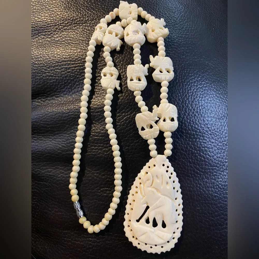 Vintage Carved Bone Pendant Off White Beaded Necklace Elephant Design Good Luck